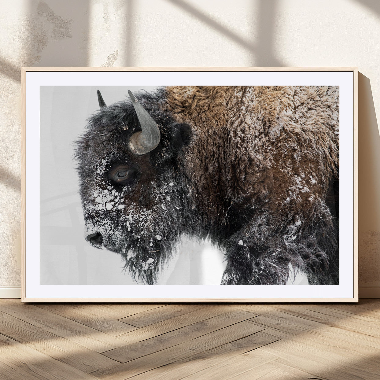 24304-MGC-FP-36x24_Natural-Bison Wall Art Canvas Print, Framed Winter Bison Art Picture Print, Snowy Buffalo Perfect Rustic Farmhouse Decor Artwork