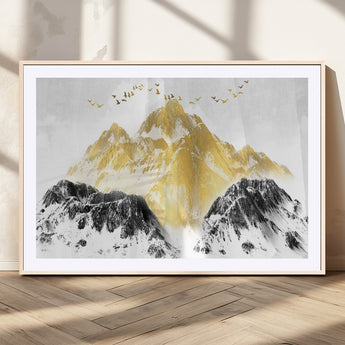 37733-MGC-FP-36x24_Natural-Golden Mountain Wall Art – Modern Abstract Landscape Canvas Print with Birds, Luxury Nature Decor for Living Room, Bedroom, or