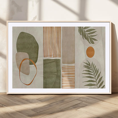 96002-MGC-FP-36x24_Natural-Abstract Geometric Wall Art – Modern Canvas Print with Green, Orange & Beige Shapes, Minimalist Home Decor for Living Room, Office