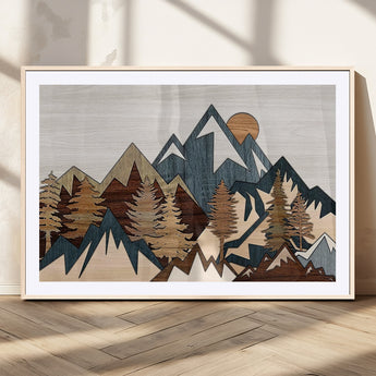 67950-MGV-CV-36X24-Modern Wood Wall Art Canvas Print, Framed Mountain Range Art Picture Print, Wood Mountain Range Perfect Rustic Decor Artwork
