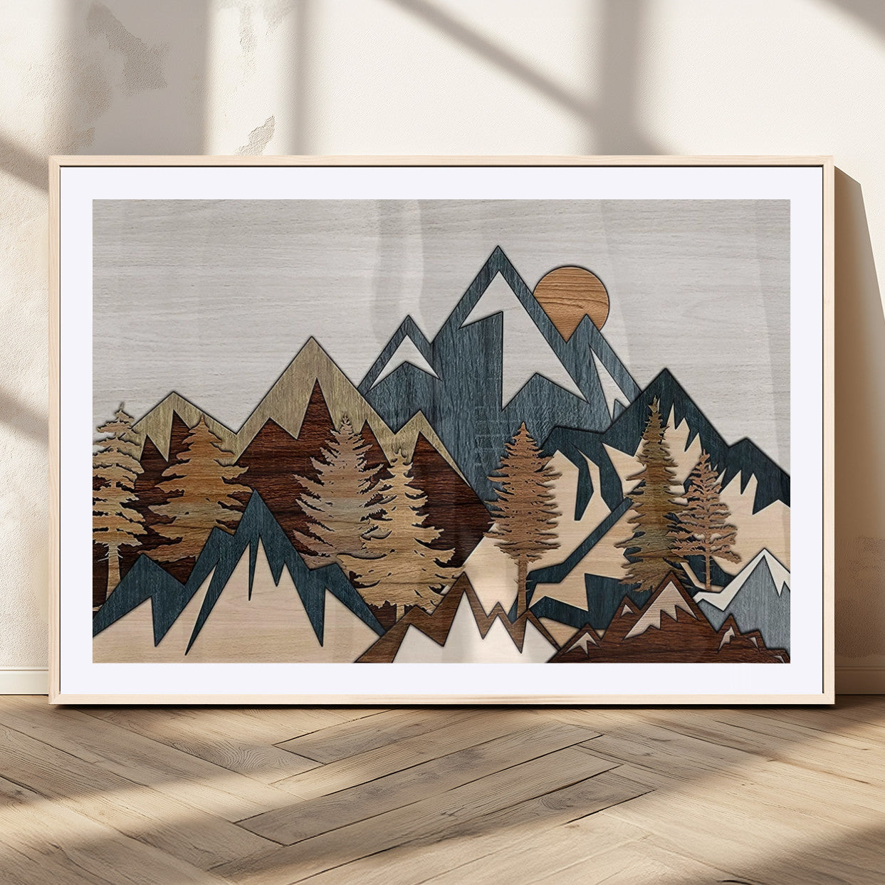 67950-MGC-FP-36x24_Natural-Modern Wood Wall Art Canvas Print, Framed Mountain Range Art Picture Print, Wood Mountain Range Perfect Rustic Decor Artwork