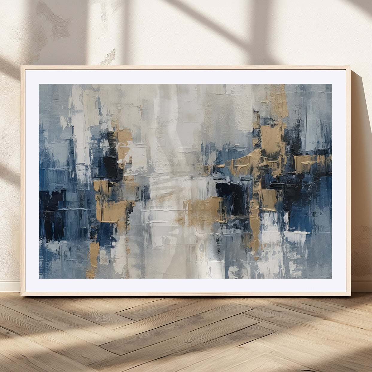44344-MGC-FP-36x24_Natural-Abstract Blue and Gold Wall Art – Modern Hand Painted Canvas Print, Contemporary Textured Painting for Living Room, Bedroom or