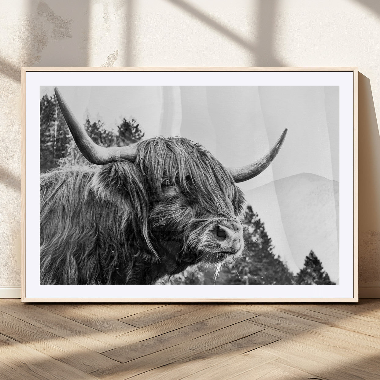 61570-MGC-FP-36x24_Natural-Highland Cow Wall Art – Black and White Scottish Bull Canvas Print, Rustic Farmhouse Animal Decor for Living Room, Bedroom, or