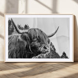 61570-MGC-FP-36x24_Natural-Highland Cow Wall Art – Black and White Scottish Bull Canvas Print, Rustic Farmhouse Animal Decor for Living Room, Bedroom, or