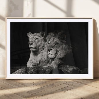 80013-MGC-FP-36x24_Natural-Lion and Lioness Wall Art – Black and White Wildlife Photography Canvas Print, African Safari Animal Decor for Office, Bedroom, or