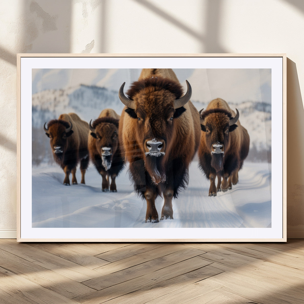 56701-MGC-FP-36x24_Natural-Bison Herd Wall Art – Buffalo Walking in Snowy Mountains Canvas Print, Rustic Wildlife Decor for Cabin, Lodge, or Living Room