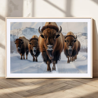 56701-MGC-FP-36x24_Natural-Bison Herd Wall Art – Buffalo Walking in Snowy Mountains Canvas Print, Rustic Wildlife Decor for Cabin, Lodge, or Living Room