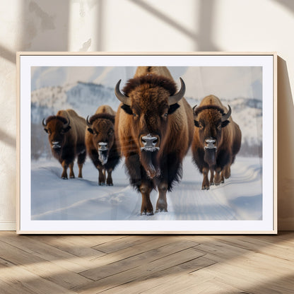 56701-MGC-FP-36x24_Natural-Bison Herd Wall Art – Buffalo Walking in Snowy Mountains Canvas Print, Rustic Wildlife Decor for Cabin, Lodge, or Living Room
