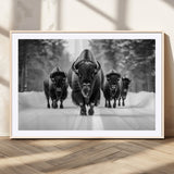 45287-MGC-FP-36x24_Natural-Bison Herd Wall Art – Black and White Buffalo Snow Road Canvas Print, Rustic Wildlife Decor for Cabin, Lodge or Living Room
