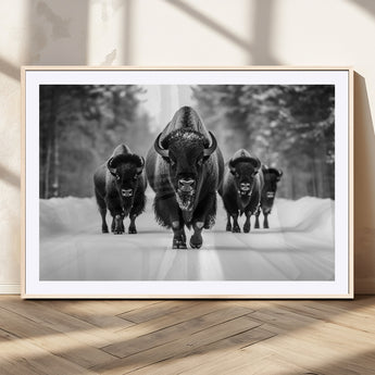 45287-MGC-FP-36x24_Natural-Bison Herd Wall Art – Black and White Buffalo Snow Road Canvas Print, Rustic Wildlife Decor for Cabin, Lodge or Living Room