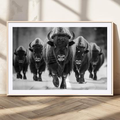 79872-MGC-FP-36x24_Natural-Bison Herd Wall Art – Black and White Buffalo on Snow Canvas Print, Rustic Wildlife Decor for Lodge, Cabin, or Living Room