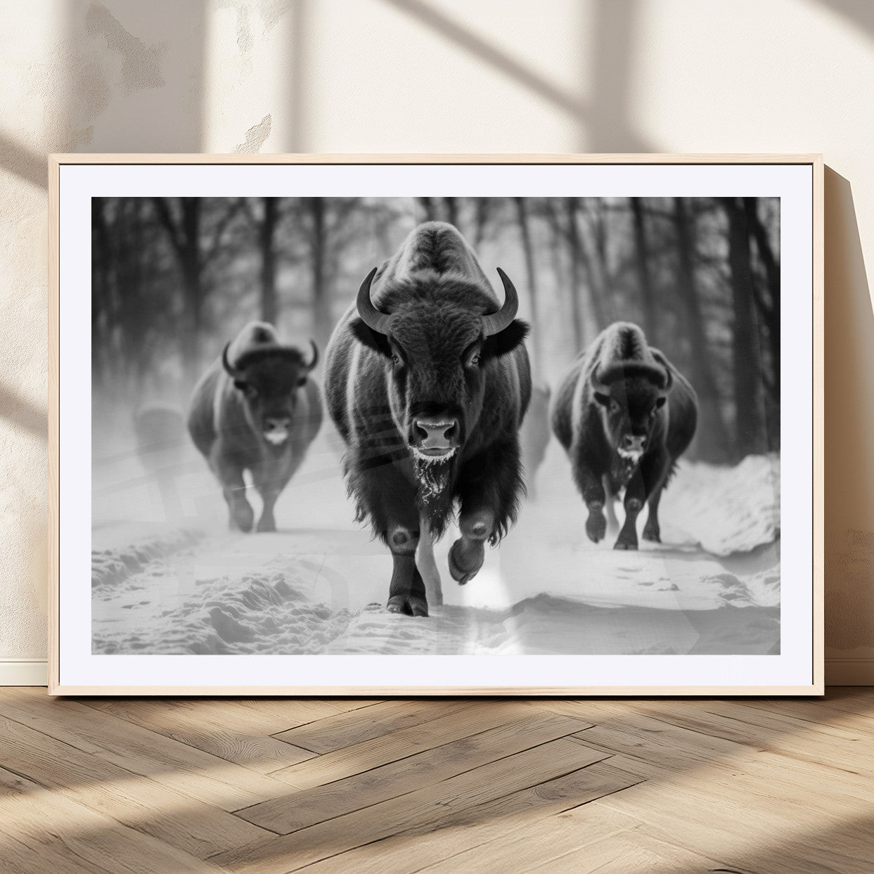 97552-MGC-FP-36x24_Natural-Black and White Bison Wall Art – Buffalo Herd Running in Snow Canvas Print, Rustic Wildlife Photography Decor for Cabin, Lodge, or