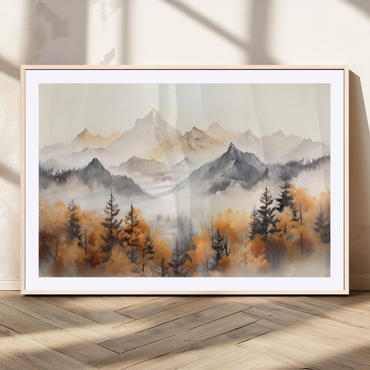 70049-MGC-FP-36x24_Natural-Autumn Mountain Forest Wall Art – Misty Landscape Canvas Print, Rustic Nature Inspired Decor for Living Room, Bedroom or Office