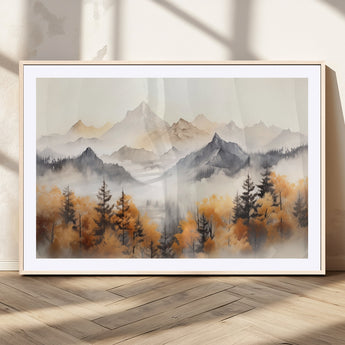 70049-MGC-FP-36x24_Natural-Autumn Mountain Forest Wall Art – Misty Landscape Canvas Print, Rustic Nature Inspired Decor for Living Room, Bedroom or Office