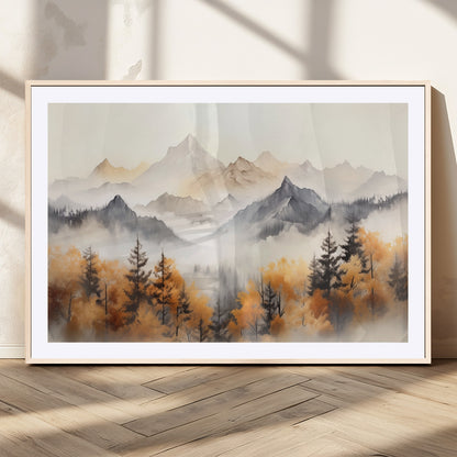 70049-MGC-FP-36x24_Natural-Autumn Mountain Forest Wall Art – Misty Landscape Canvas Print, Rustic Nature Inspired Decor for Living Room, Bedroom or Office