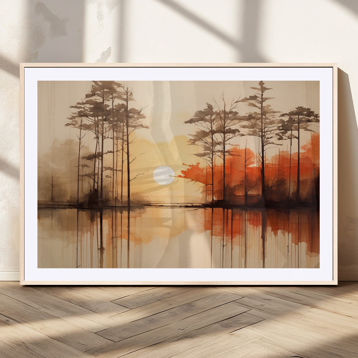 51083-MGC-FP-36x24_Natural-Sunset Lake Forest Wall Art – Serene Trees and Orange Sky Reflection Canvas Print, Tranquil Nature Decor for Living Room, Office