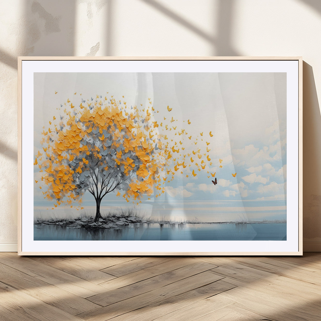 23385-MGC-FP-36x24_Natural-Golden Butterfly Tree Wall Art – Abstract Yellow and Gray Canvas Print, Modern Nature Artwork for Living Room, Bedroom or Office