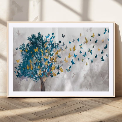 37564-MGC-FP-36x24_Natural-Butterfly Tree Wall Art – Modern Nature Canvas Print with Blue and Golden Butterflies, Elegant Decorative Painting for Living Room