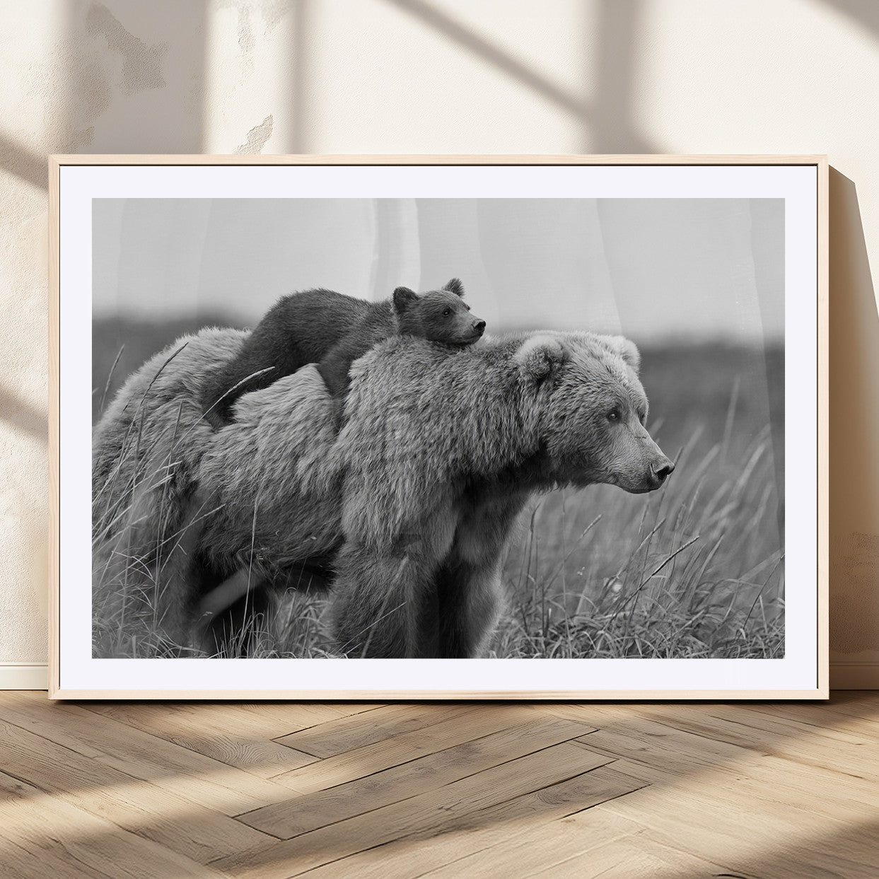 76338-MGC-FP-36x24_Natural-Mother Bear and Cub Wall Art – Black and White Wildlife Canvas Print, Rustic Nature Photography for Cabin, Living Room or Office