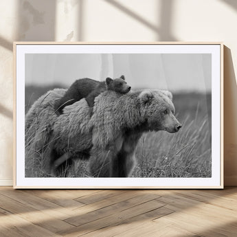 76338-MGC-FP-36x24_Natural-Mother Bear and Cub Wall Art – Black and White Wildlife Canvas Print, Rustic Nature Photography for Cabin, Living Room or Office