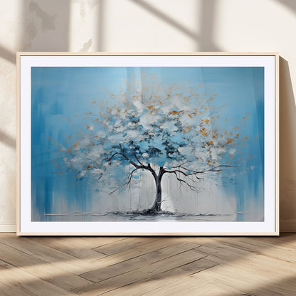 25021-MGC-FP-36x24_Natural-Abstract Tree Wall Art – Blue and White Canvas Painting with Gold Accents, Modern Nature-Inspired Artwork for Living Room, Bedroom