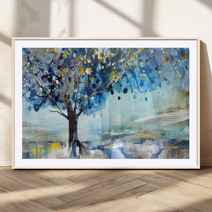17018-MGC-FP-36x24_Natural-Abstract Blue Tree Wall Art – Colorful Canvas Painting with Gold and Silver Accents, Modern Nature Artwork for Living Room,