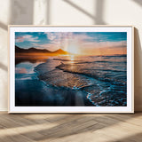 26494-MGC-FP-36x24_Natural-Ocean Sunset Wall Art – Scenic Beach Canvas Print with Waves and Mountains, Coastal Seascape Photography for Living Room, Bedroom