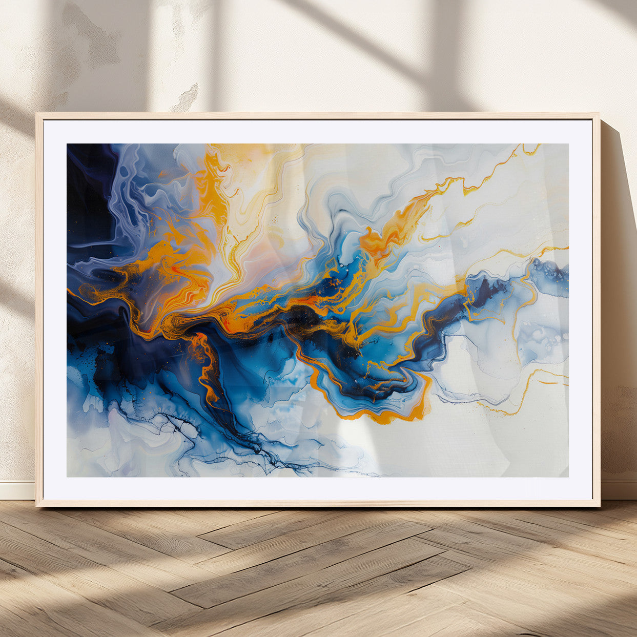 83720-MGC-FP-36x24_Natural-Abstract Fluid Wall Art – Blue, White and Gold Swirl Canvas Painting, Modern Contemporary Artwork for Living Room, Bedroom or