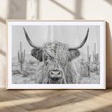 94579-MGV-CV-36X24-Highland Cow Wall Art – Black and White Longhorn Canvas Print, Rustic Western Farmhouse Animal Photography for Living Room,
