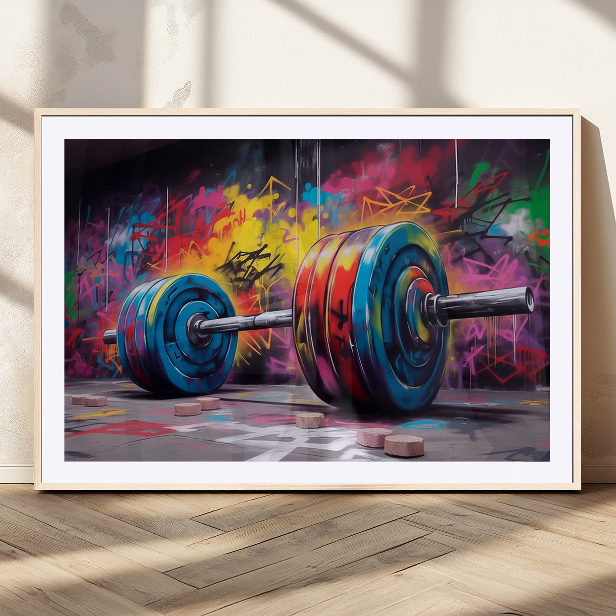 13549-MGV-CV-36X24-Graffiti Gym Wall Art Canvas Print, Framed Graffiti Barbell Art Picture Print, Weightlifting Perfect Fitness Studio Decor Artwork