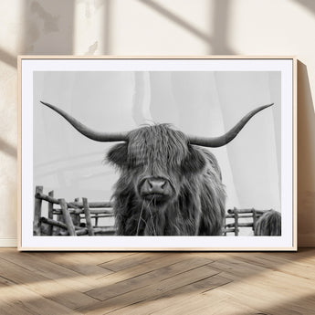58188-MGV-CV-36X24-Highland Cow Wall Art – Black and White Rustic Farmhouse Canvas Print, Longhorn Cattle Photography Decor for Living Room or