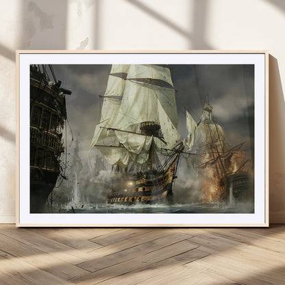 26512-MGC-FP-36x24_Natural-Naval Battle Wall Art – Dramatic Tall Ship Canvas Print, Historic Pirate Sailing War Scene, Nautical Decor for Office, Study or