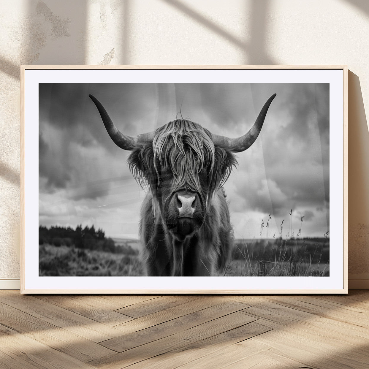 17924-MGV-CV-36X24-Highland Cow Wall Art – Black and White Rustic Longhorn Cattle Canvas Print, Farmhouse Animal Photography Decor for Country Home