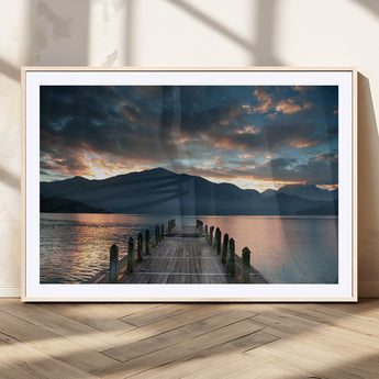 20442-MGC-FP-36x24_Natural-Lakeside Sunset Dock Wall Art – Peaceful Mountain Lake Canvas Print, Serene Nature Landscape Decor for Living Room, Bedroom or