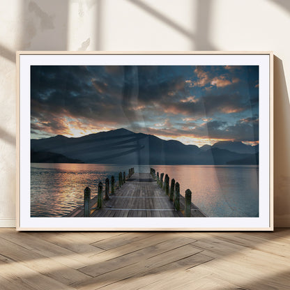 20442-MGC-FP-36x24_Natural-Lakeside Sunset Dock Wall Art – Peaceful Mountain Lake Canvas Print, Serene Nature Landscape Decor for Living Room, Bedroom or