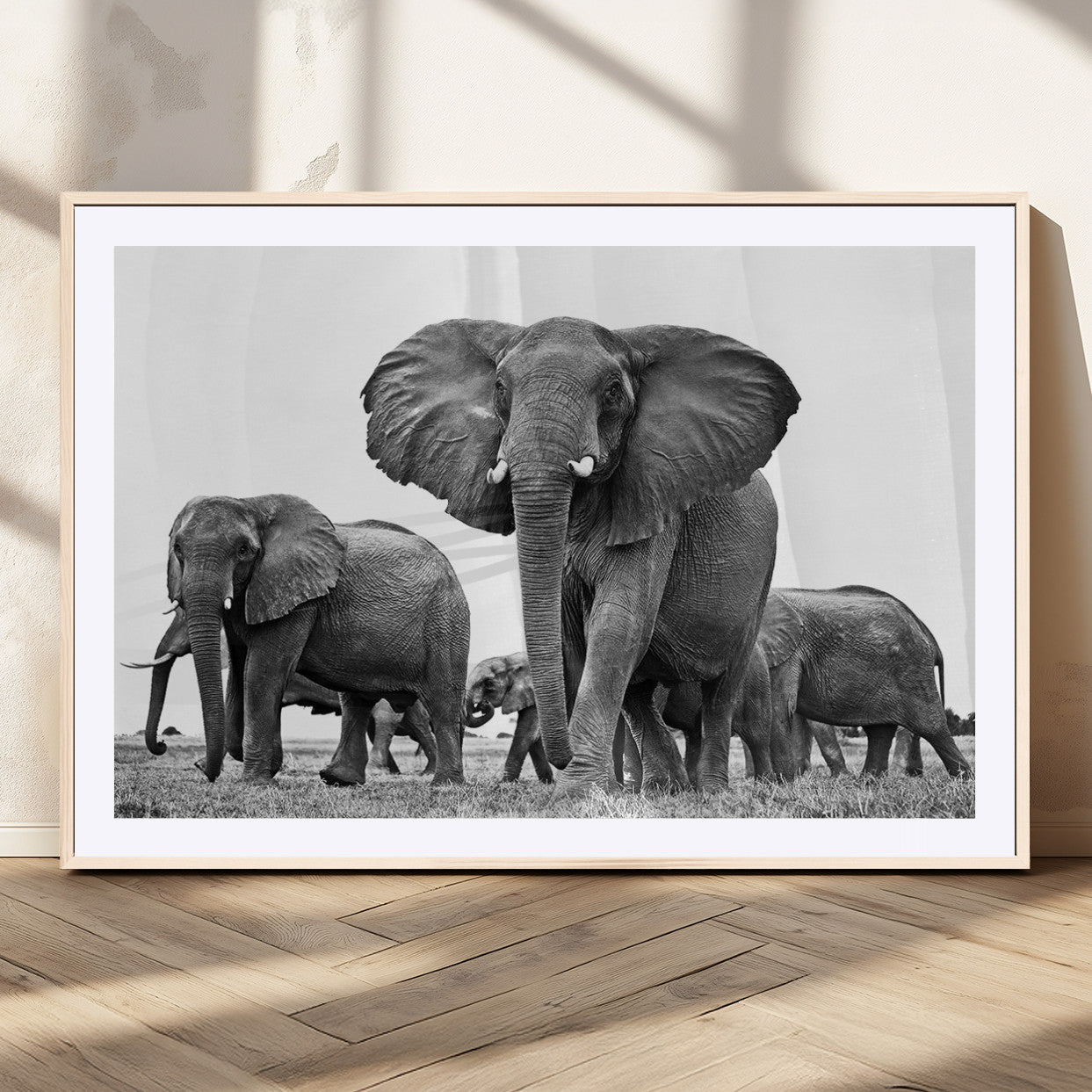 91685-MGC-FP-36x24_Natural-Elephant Herd Wall Art – Black and White Safari Canvas Print, African Wildlife Photography Decor for Living Room, Office or