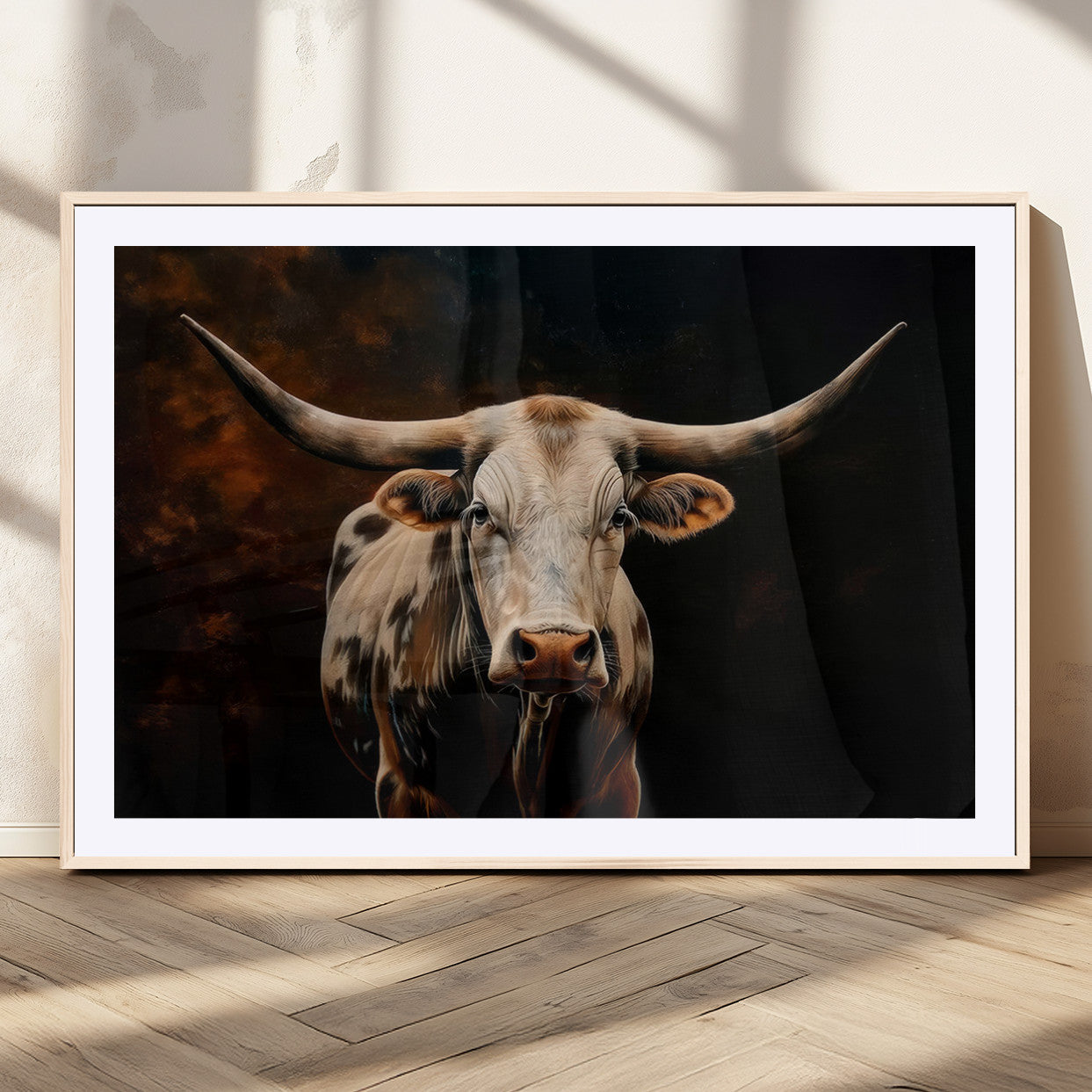 70522-MGC-FP-36x24_Natural-Longhorn Bull Wall Art – Striking Canvas Print of Majestic Bull, Premium Animal Decor for Home, Office, Man Cave, or Living Room