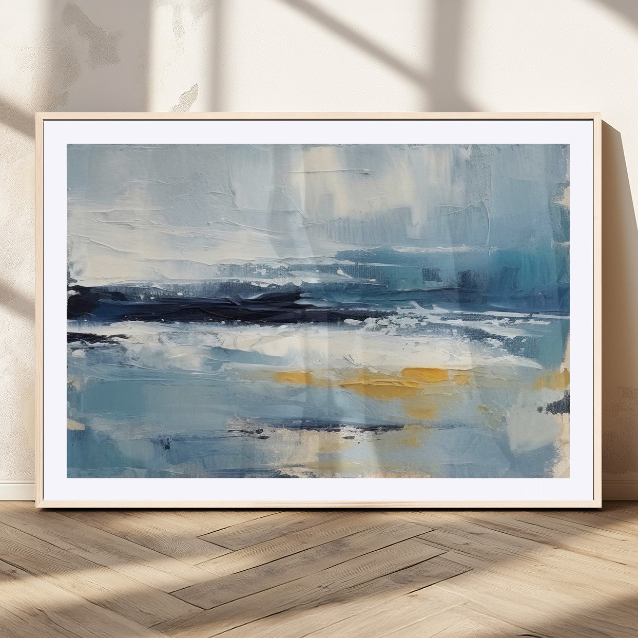 19746-MGC-FP-36x24_Natural-Abstract Ocean Wall Art – Modern Coastal Canvas Print with Blue, White and Gold Textures, Contemporary Seascape Painting for