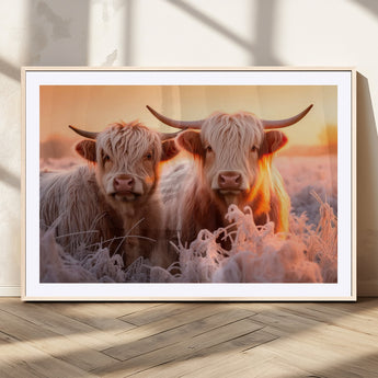 68253-MGC-FP-36x24_Natural-Highland Cow Wall Art – Rustic Farmhouse Cattle Canvas Print, Frosty Sunset Animal Artwork for Living Room, Bedroom or Country