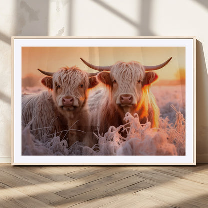 68253-MGC-FP-36x24_Natural-Highland Cow Wall Art – Rustic Farmhouse Cattle Canvas Print, Frosty Sunset Animal Artwork for Living Room, Bedroom or Country