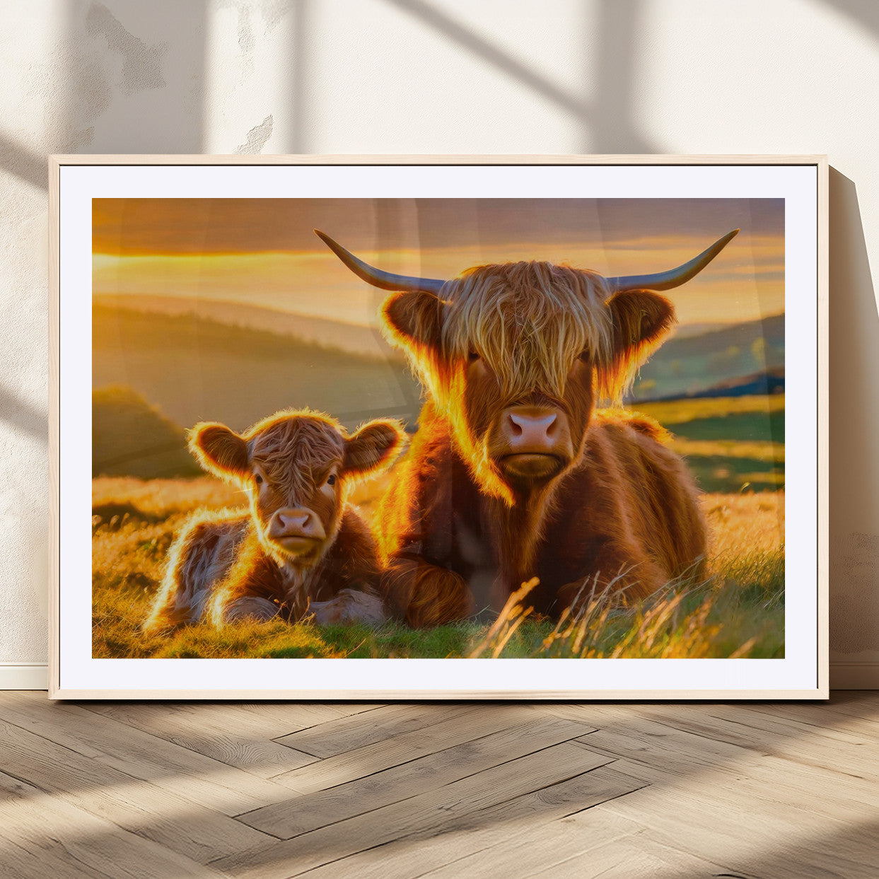 20567-MGC-FP-36x24_Natural-Highland Cow and Calf Wall Art – Rustic Farmhouse Sunset Cattle Canvas Print, Country Animal Artwork for Living Room, Bedroom, or