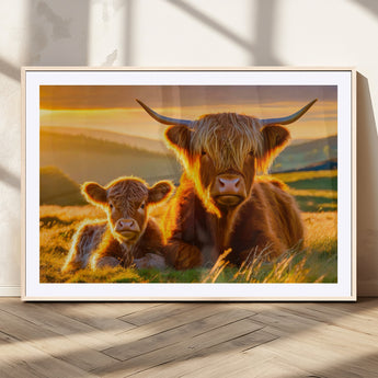 20567-MGC-FP-36x24_Natural-Highland Cow and Calf Wall Art – Rustic Farmhouse Sunset Cattle Canvas Print, Country Animal Artwork for Living Room, Bedroom, or