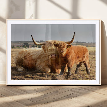 53461-MGV-CV-36X24-Highland Cow Family Wall Art – Rustic Farmhouse Animal Canvas Print, Country Decor for Living Room, Bedroom or Office, Calf and