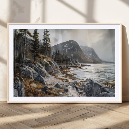 41281-MGV-CV-36X24-Rocky Shoreline Wall Art – Panoramic Mountain Coast and Forest Canvas Print, Rustic Nature Landscape Decor for Cabin, Lodge, or