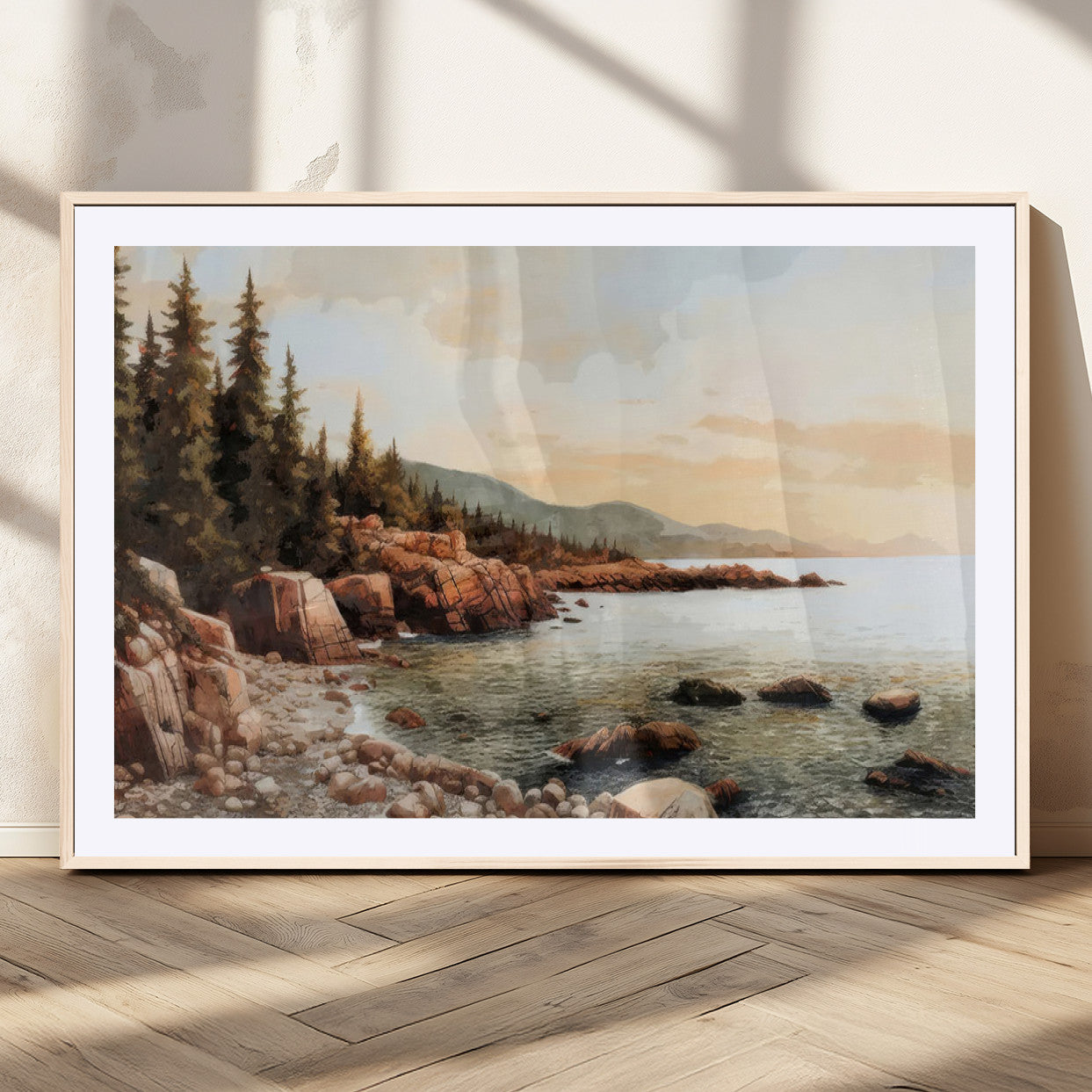 77145-MGV-CV-36X24-Coastal Landscape Wall Art – Panoramic Rocky Shoreline and Pine Trees Canvas Print, Rustic Nature Decor for Cabin, Lodge, Office,