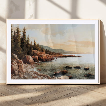 77145-MGV-CV-36X24-Coastal Landscape Wall Art – Panoramic Rocky Shoreline and Pine Trees Canvas Print, Rustic Nature Decor for Cabin, Lodge, Office,