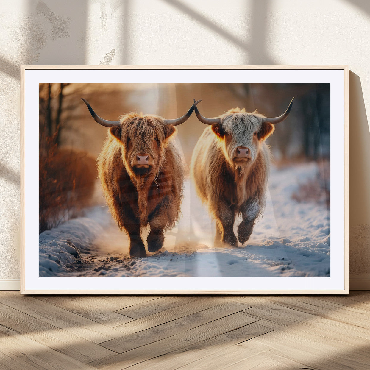 50490-MGV-CV-36X24-Highland Cow Wall Art – Rustic Panoramic Canvas Print Two Cattle Snowy Landscape, Farmhouse Country Decor for Living Room Office