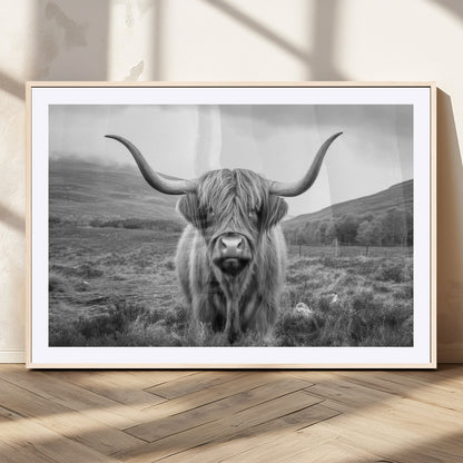 52903-MGC-FP-36x24_Natural-Highland Cow Wall Art – Black and White Canvas Print Rustic Cattle Portrait, Farmhouse Country Decor for Living Room, Office,