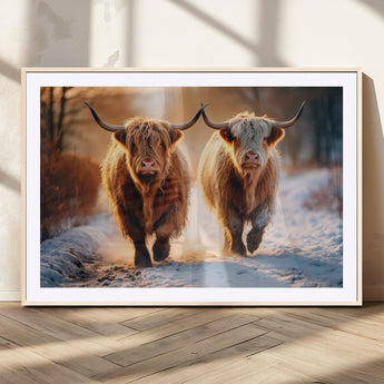 94810-MGC-FP-36x24_Natural-Highland Cow Wall Art – Rustic Canvas Print Two Cattle Snow Path Sunset, Farmhouse Country Decor for Living Room, Bedroom, Office,