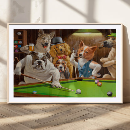 34228-MGV-CV-36X24-Dogs Playing Pool Wall Art Canvas Print, Framed Funny Dog Art Picture Print, Dog Perfect Game Room Decor Artwork